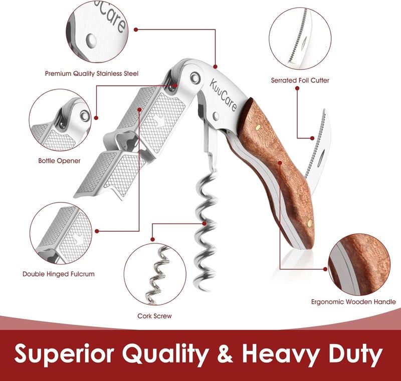 KuuCare Wine Opener Waiter Corkscrew, Premium 420 Stainless Steel Wine Bottle Opener with Foil Cutter & Cap Remover, Double Hinged Manual Wine Key for Bartenders, Servers, Waiters and Home Use, Rosewood - Image 4